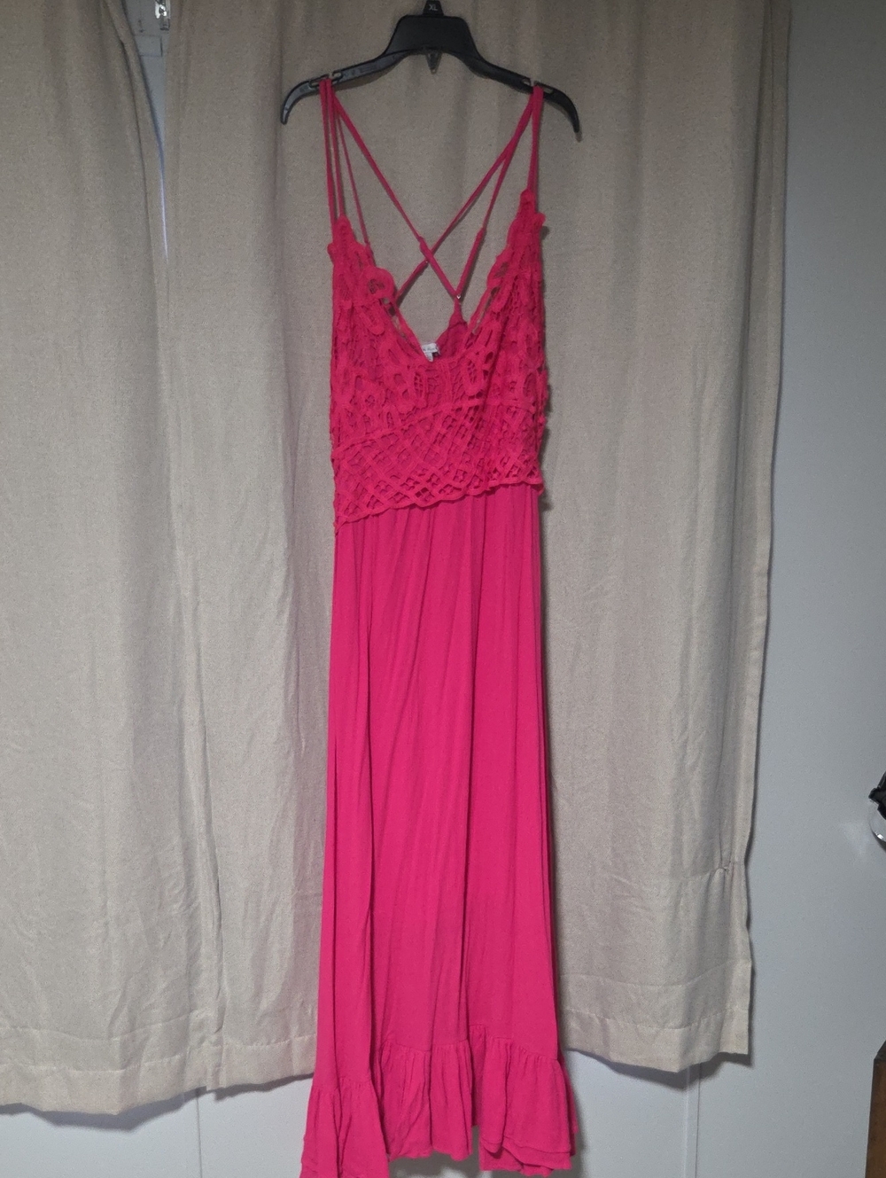 white birch Hot Pink Crochet Maxi Dress with Strappy Back